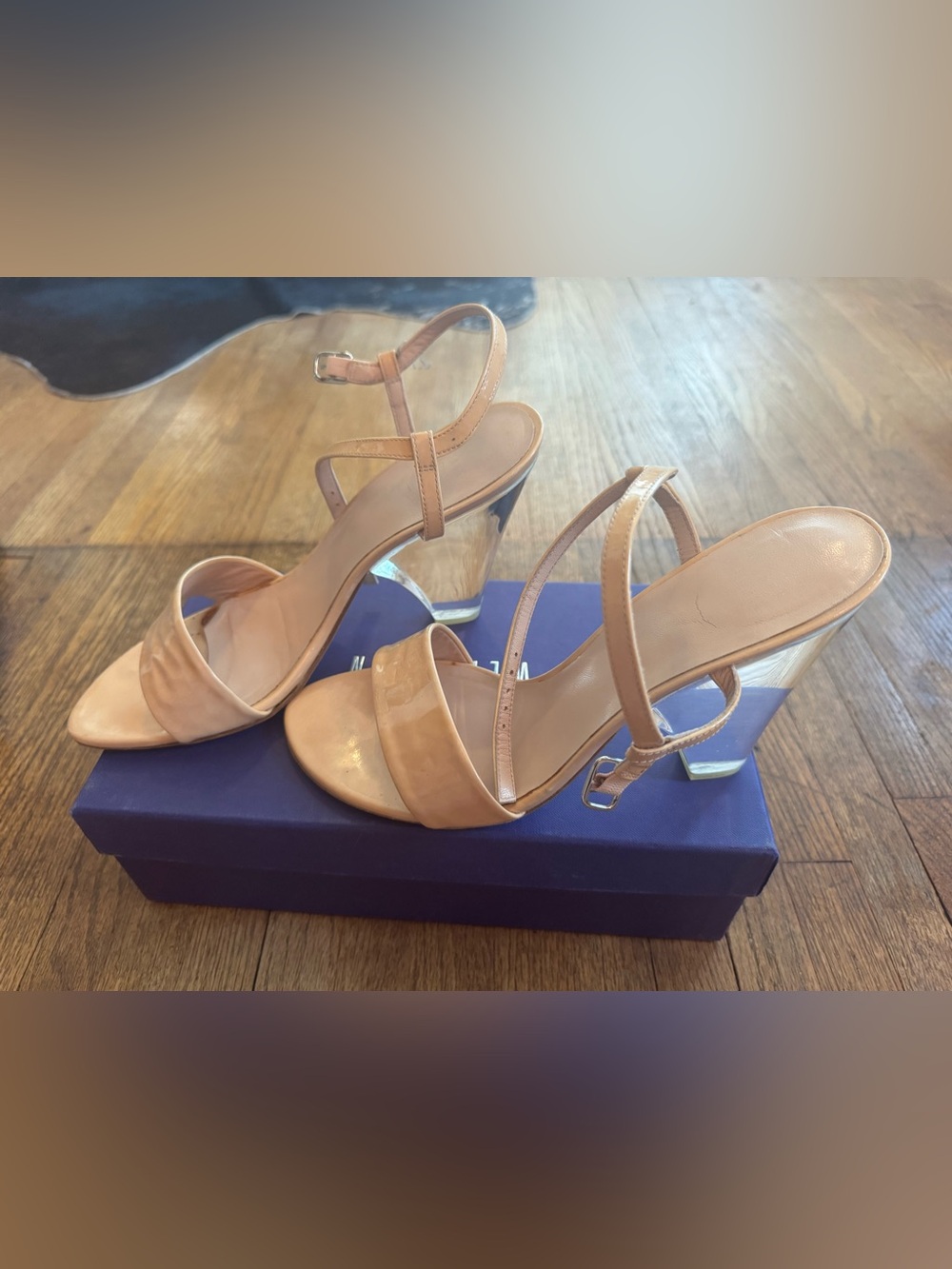Stuart Weitzman Nude Patent Strappy Clear Lucite Block Heel Sandals - size 9